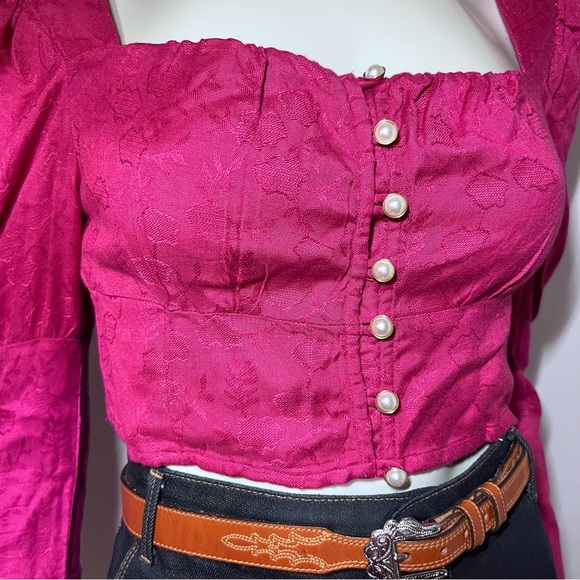 Anthropologie Rahi Rahi square Neck Puffy Sleeve Brocade Crop Top Pink small AB - Picture 11 of 11